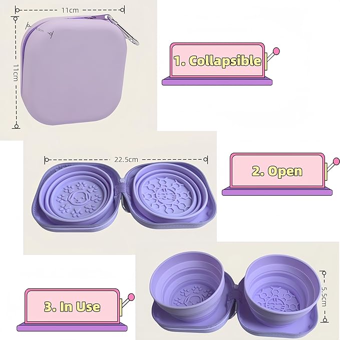 2-in-1 Collapsible Pet Bowl, Portable & Food-Grade for Dogs & Cats with Carabiner (Purple)