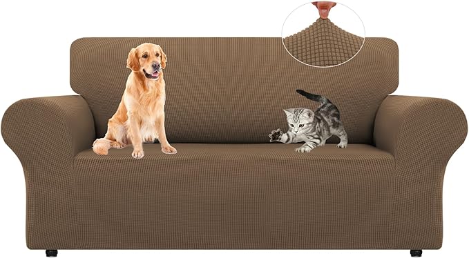 LURKA Stretch Loveseat Sofa Slipcovers 1 Piece Couch Covers for Sofa Furniture Protector Full Sofa Covers with Elastic Bottom for Kids and Dog (Camel, Medium)