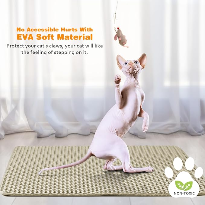 blissstorm Waterproof Cat Litter Mat, Double Layer EVA, Odor-Free Large Grid, Urine Proof, Easy Cleanup (Khaki, 12 x 18)