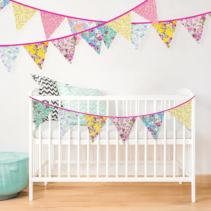 G2PLUS 39Ft Triangle Bunting Banner, Floral Cotton Pennant Banner, 42pcs Reusable Vintage Fabric Triangle Flags for Wedding, Birthday, Tea Party, Shabby Chic Garden Decorations