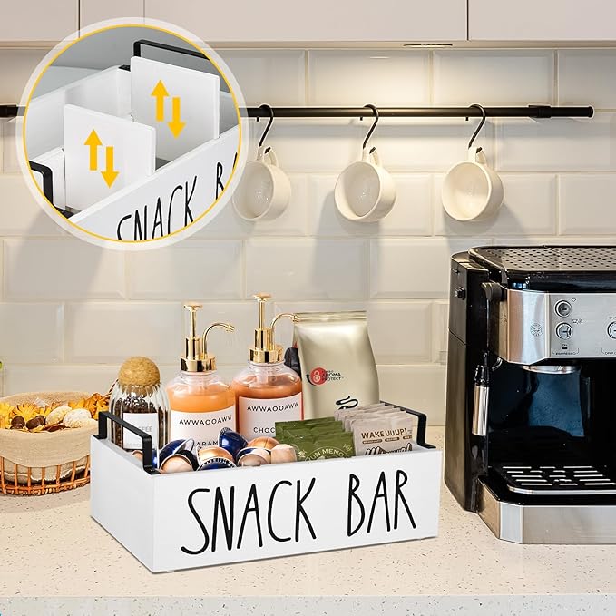 Snack Organizer for Countertop, Wood Pantry Storage Bins with Handles, Snack Bar Organizer for Pantry Shelf, Kitchen, 4 Compartment Food Container Snack Box, Pantry Organizer for Snacks, Chips(White)