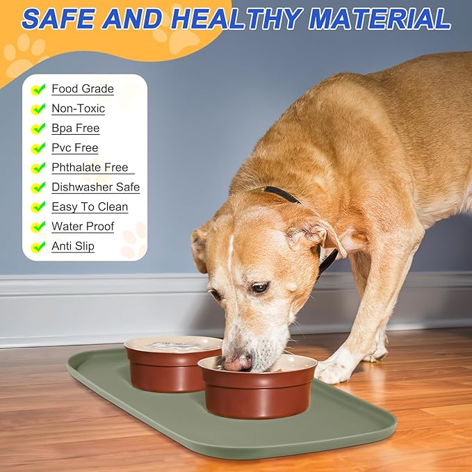 Silicone Pet Feeding Mat with Raised Edge for Food and Water, Dog Bowl Mats, Cat Bowls Placemat with High Lip for Floor Waterproof, Rubber Tray for Cats and Dogs 19 x 12 x0.7 Light Olive Green