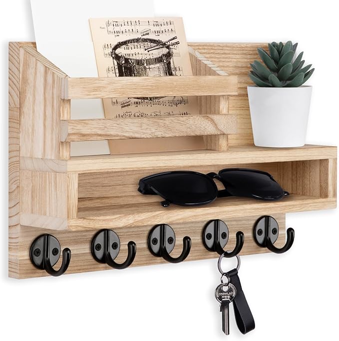 Lucundm Key and Mail Holder Wall Mount, Key Hanger with Long Storage Box and Key Hooks for Coat, Dog Leash, Home Decor Rack, House Accessories, Entry Way Organizer