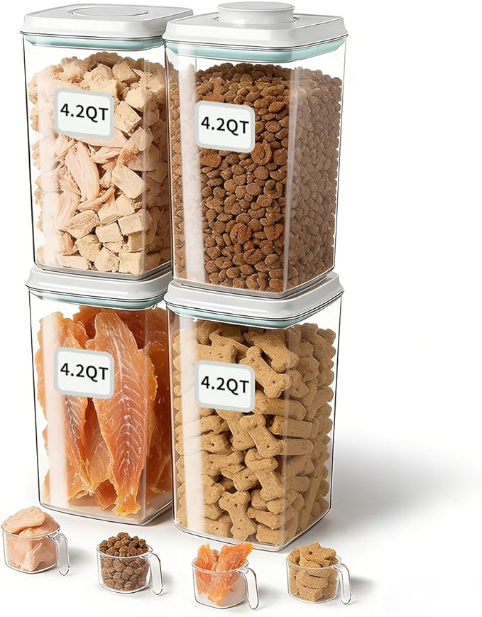EQI Dog Food Storage System with One-Touch Lid, (4 ×4.22 QT / 4.0 L) Best Value BPA-Free Cat Food Storage Container，Stackable Durable PET with 130ml Scoop, for Complete Kibble & Supply Organization