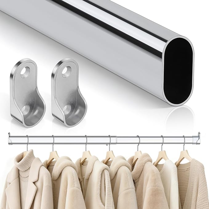 Premium Oval Closet Rod, No-Cut Stepless Adjustable Closet Rod 17.5"-31", Heavy Duty Metal Closet Hanging Rod with End Supports