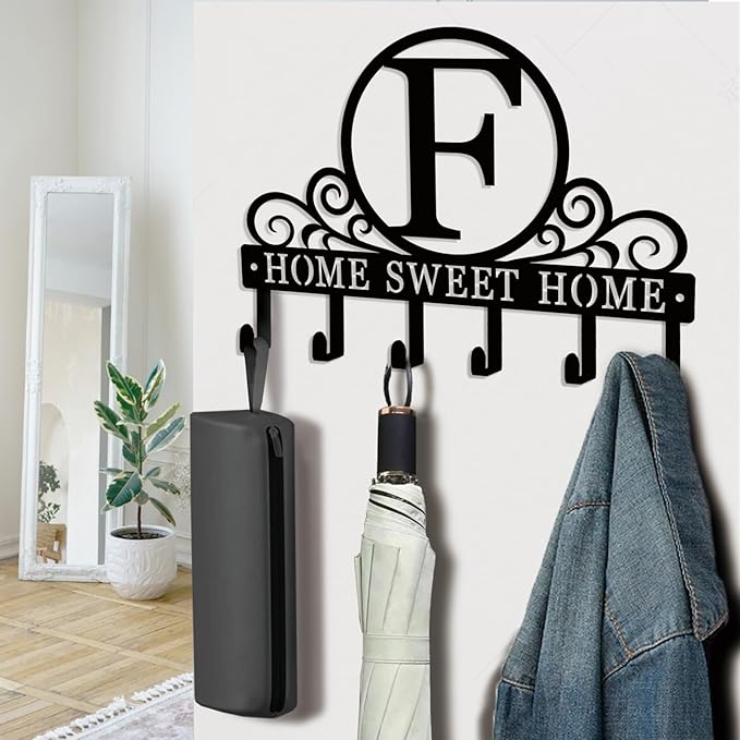 Metal Letter F Key Holder for Wall, Decorative Metal Key Holder Wall Mount, Key Hooks Coat Rack Monogram Wall Decor, Perfect for Bathroom, Living Room, Kitchen, Anniversary Housewarming Gift
