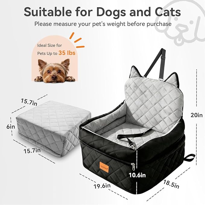 CABZOON Dog Car Seat for Small/Medium Dogs Up to 35lbs,Elevated Cushion Fits in Front/Back Seat,Travel Safety Per Car Bed with Washable Removable Cover, Storage 2 Pockets Black-Grey