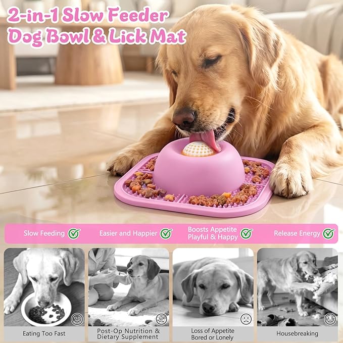 Slow Feeder Dog Bowls & Lick Mat for Liquid and Thick Treat, Anti-Slip Dog Lick Bowl with Interactive Rolling Ball, 5/6 Cup Pup Licking Toy for Large Medium Small Dogs and Cats Pink