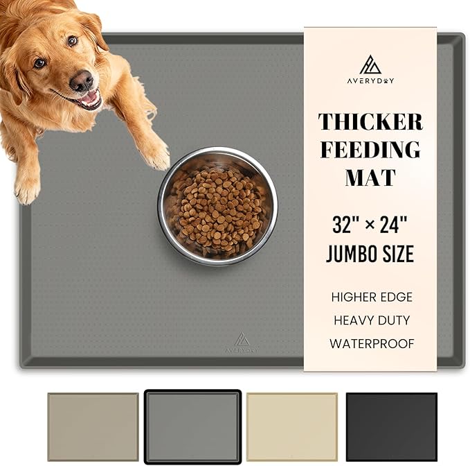 AVERYDAY 32x24'' Silicone Dog Mat for Food and Water, 0.63'' Edge Dog Food Bowl Mats for Floor Waterproof, Dogs Water Mat for Sloppy Drinker, Non Slip Rubber Pet Feeding Mats for Indoor Dogs and Cats