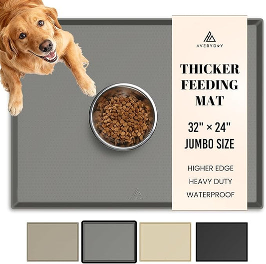 AVERYDAY 32x24'' Silicone Dog Mat for Food and Water, 0.63'' Edge Dog Food Bowl Mats for Floor Waterproof, Dogs Water Mat for Sloppy Drinker, Non Slip Rubber Pet Feeding Mats for Indoor Dogs and Cats