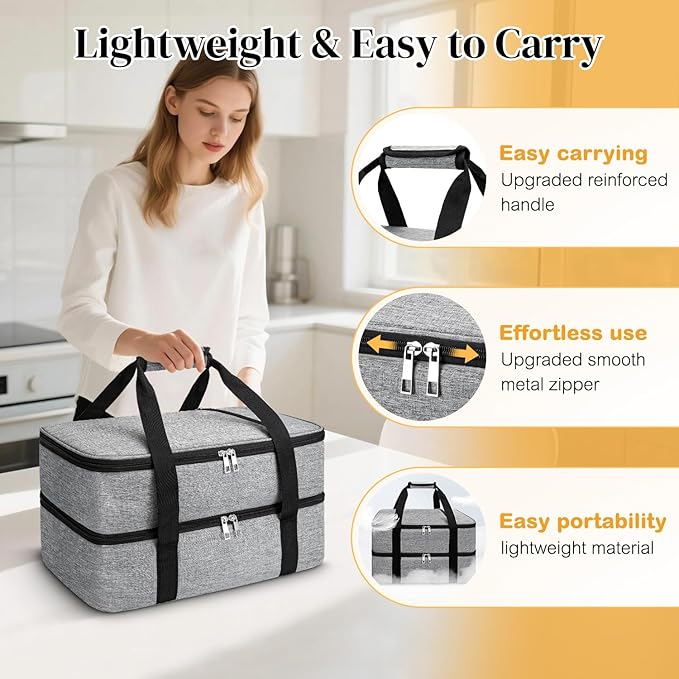Coobiiya Double Decker Insulated Casserole Carrier – Portable Tote for Hot or Cold Food, Warmer & Cooler Bag Lunch Bag, Fits 9" x 13" Baking Dish, Ideal for Potluck Parties