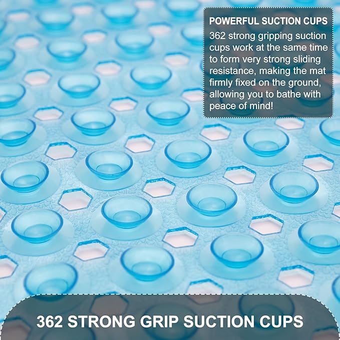 Bath Tub and Shower Mats, Non Slip 40 x 16 Inch Extra Large Bathtub Mat, Machine Washable Bathmat with Drain Holes, Suction Cups for Bathroom Floor, Clear Blue