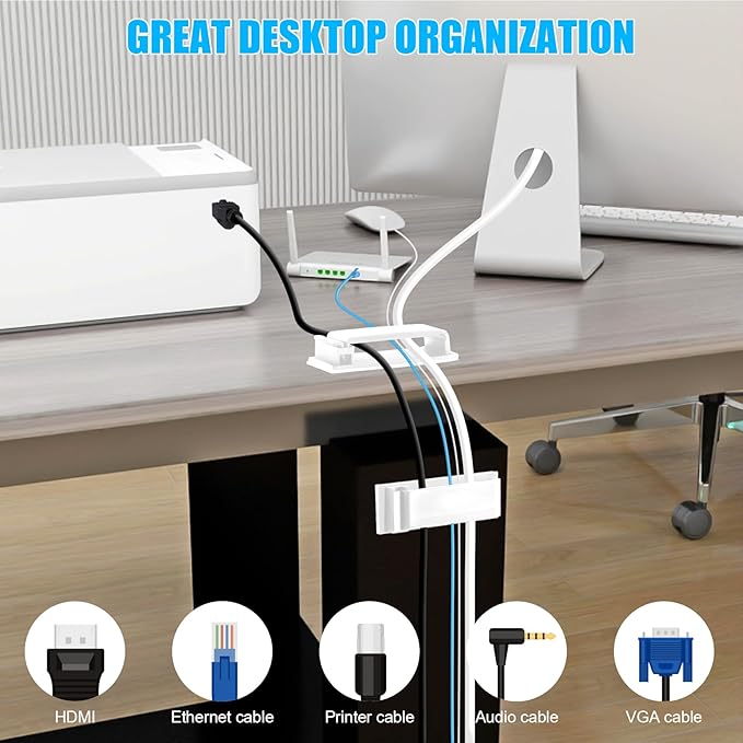 XHF 80 PCS Self Adhesive Cable Clips(XL) White,Wire Clips Cable Management Wire Organizer Cord Holder for Under Desk, Car, Wall, TV PC Ethernet Cable