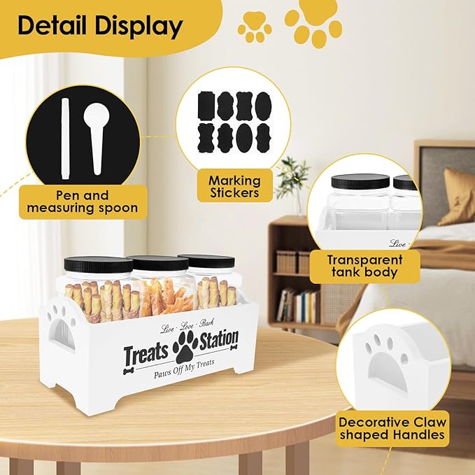 KarHoeGern Dog Treat Container for Countertop Dog Food Storage with 3 Plastic Treat Jars Wood Dog Food Container with Handles and Lids Farmhouse Practical Pet Cat Dog Treat Storage Containers (white)