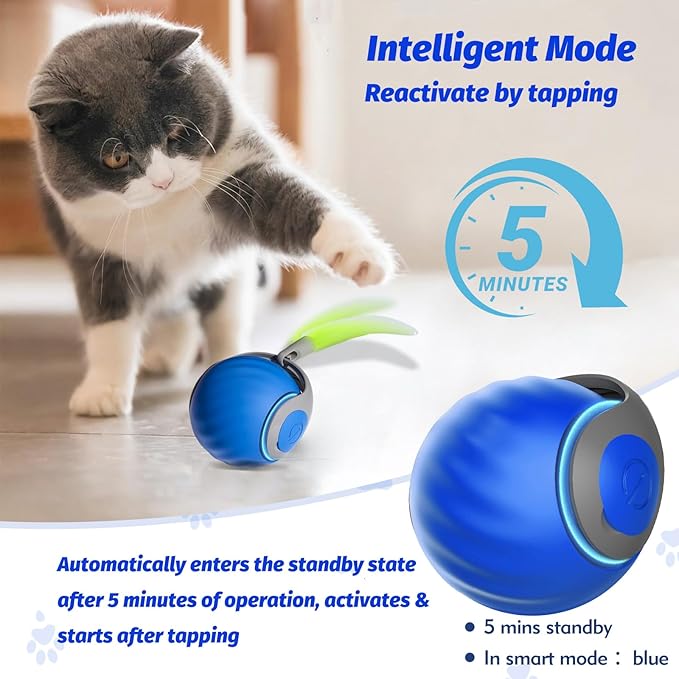 Upgraded Speedy Interactive Cat Ball 4.0 Toys with 2 Optional Tails, Smart Moving Ball Cat Toy for Bored Indoor Cats, Rechargeable & Detachable Automatic Kitten Rolling Balls Toy (Blue)