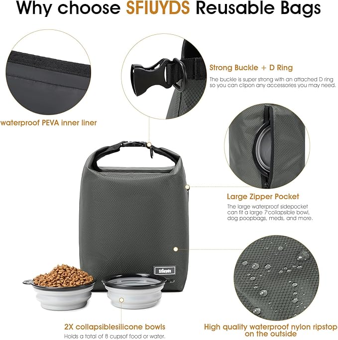 Waterproof Pet Food Storage Bag,Dog Food Container 20 lb w/2PCS Collapsible Dog Travel Bowls and Zipper Side Pocket(Gray, Large)