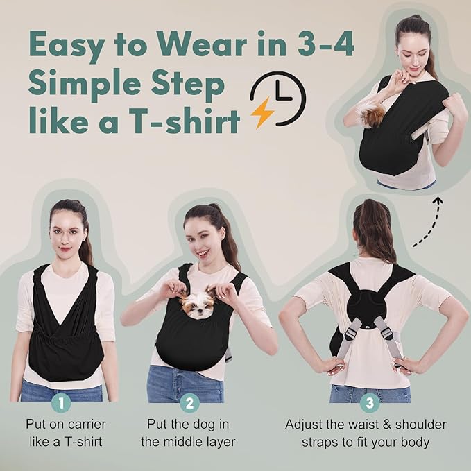 Supet Dog Sling Carrier for Small Pets, Hands Free Cat Sling, Reducing Back Neck Pain Anti-Anxiety Puppy Front, Adjustable Soft Dog Carrying (Black-2, Regular 0-9 Lbs)