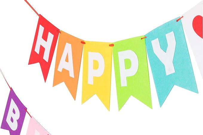 LOVENJOY Pre-strung Assembled Happy Birthday Banner Rainbow Bunting Decorations, Durable Felt Fabric Reusable