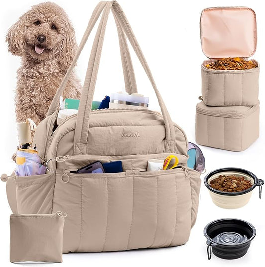 Dog Travel Bag for Supplies, Airline Approved Pet Travel Organizer with 2 Food Containers & Collapsible Bowls, Large Capacity Dogs Tote Bag for Weekend, Stylish Dog Mom Gift for Pet Lovers