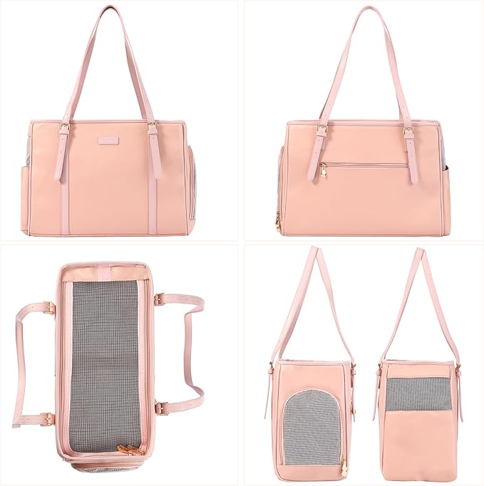 Lasaviin Fashion Dog Purse Pet Carrier Leather Bag for Small Dogs Cats Puppy, Portable Tote Bag Airline Approved Soft-Sided Carriers (Pink)