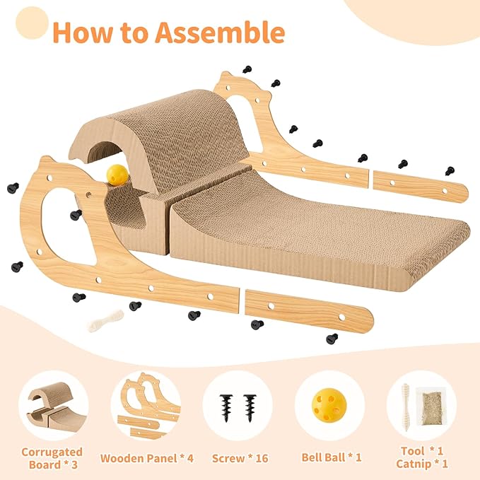 2 in 1 Cat Scratcher Bed for Indoor Cats, Large Cardboard Scratching Pad with Bell Ball Toy for Kitty As Scratch Lounge Couch with Double-Sided Usability