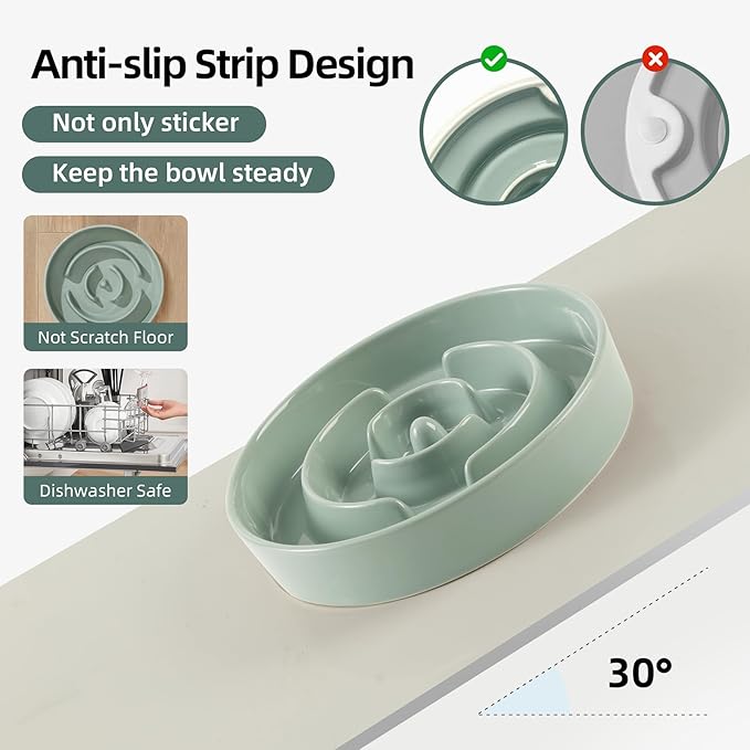 Ceramic 1.2 Cup Raised Slow Feeder Dog Bowl Set, Elevated Wooden Stand for Medium and Small Dog, 7.3inch Puzzle Slow Dish, Preventing Choking(Light Green, Single Bowl+ Stand)