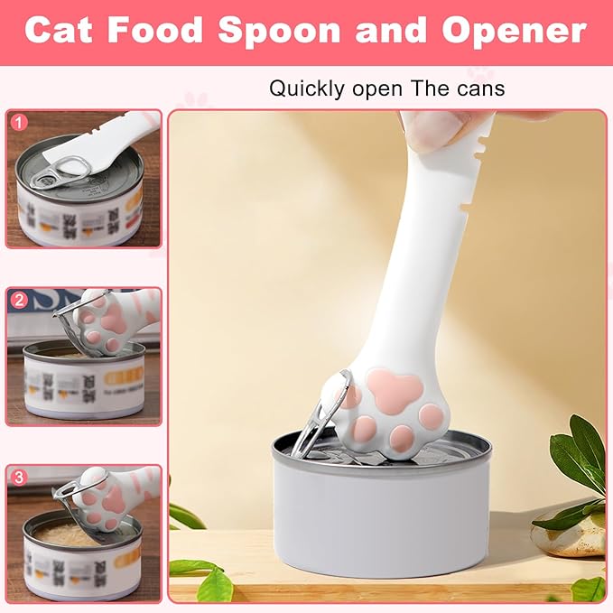 4 Pcs Cat Food Lid and Spoon Set, Silicone Pet Food Can Covers with Multi-Function Spoon Opener, Stainless Steel Wet Food Spoon & Cat Bar Squeezer for Pet Cat Dog Feeding Wet Foods Storage Organizer