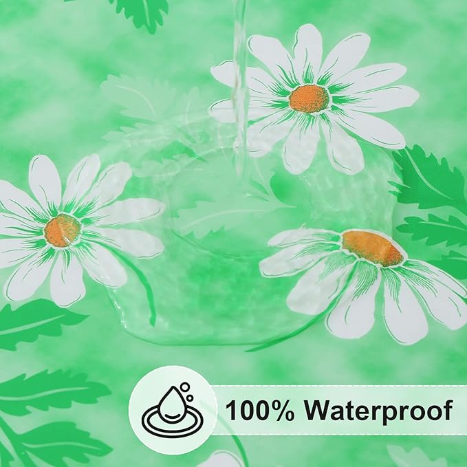 misaya Rectangle Vinyl Tablecloth, Fitted Table Cover, 100% Waterproof, Elastic Edge, Plastic Table Cloth Fit 6 Foot Folding Tables for Picnic, Camping, Outdoor (Green Daisy, 30x72 inch)