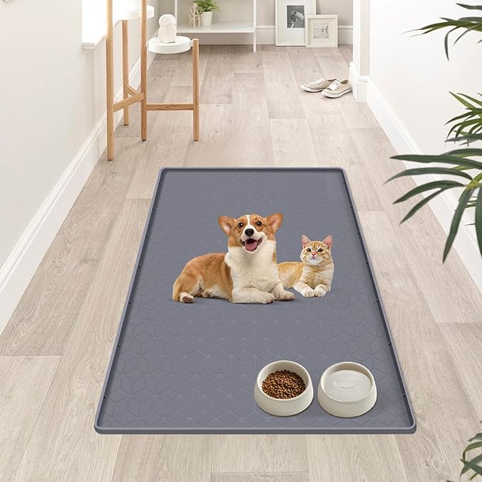 Bartuke Dog Food Mat, Extra Large 34" x 22" Silicone Pet Feeding Mat with Raised Edge Pet Placemat for Small, Medium, and Large Pets Non-Slip, Easy to Clean (Dark Grey)