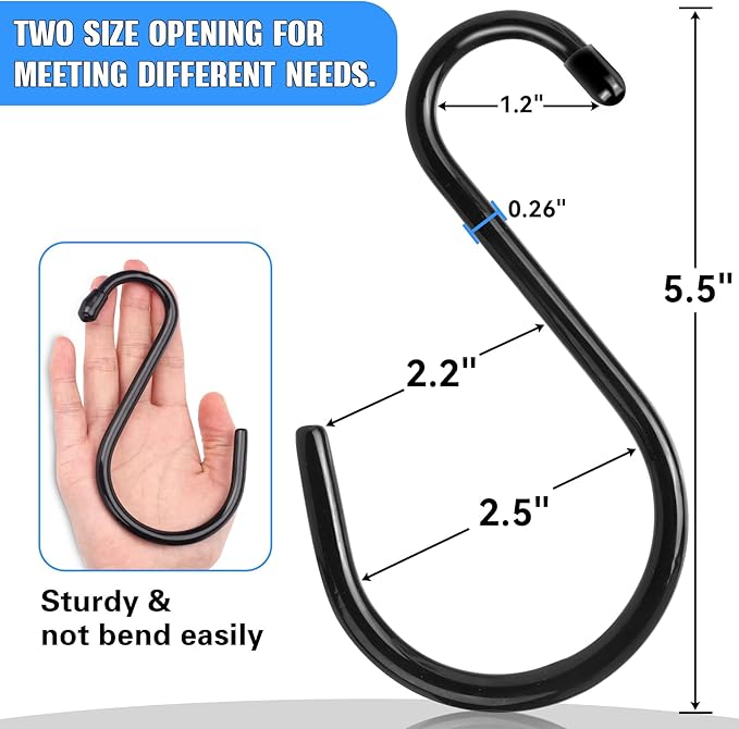 Antimbee 12 Pack Heavy Duty S Hooks, 5.5 inch Large S Hooks, S Hook Hanger with Rubber Coated, Black S Shaped Hook for Hanging Plants, Banana, Clothes, Bags,Towels, Kitchen Utensil
