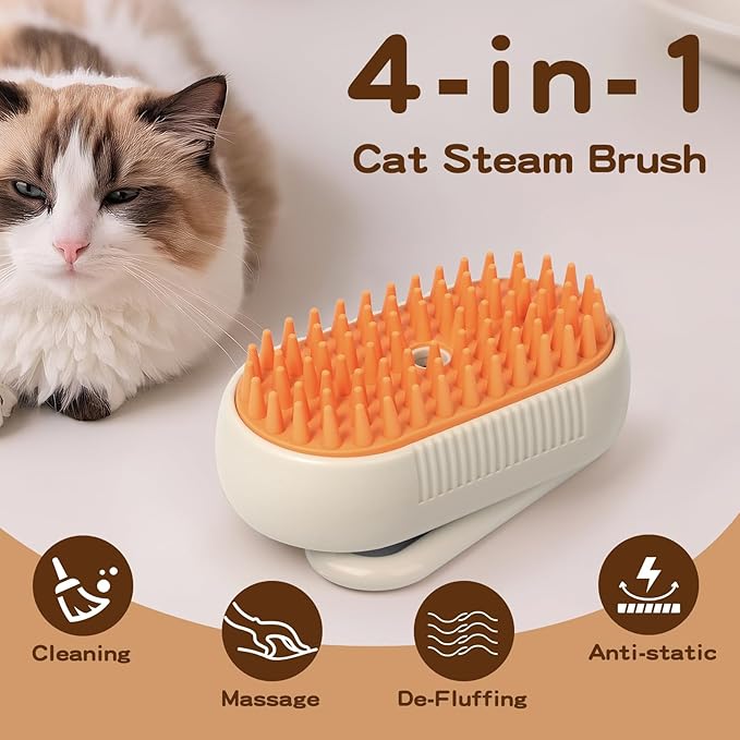 Pet Steam Brush, Rechargeable Cat Steam Brush for Shedding, 2025 New & 4 in 1 Pet Spray Hair Removal Comb with Anti-Static,Massage, Cleaning, Shedding & Combing All In One! (Khaki)