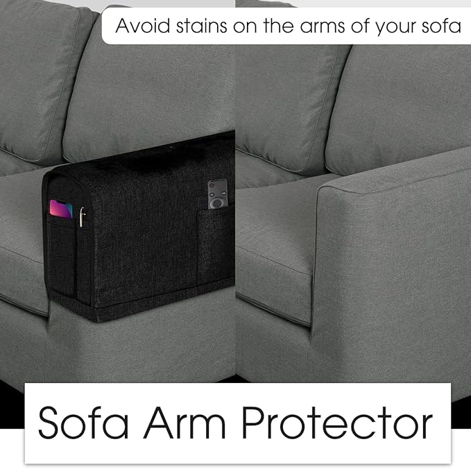 Joywell Linen Armrest Covers for Living Room Anti-Slip Sofa Arm Protector for Dogs, Cats, Pets Armchair Slipcover for Recliner with 4 Pockets for TV Remote Control, Phone, Set of 2, Black