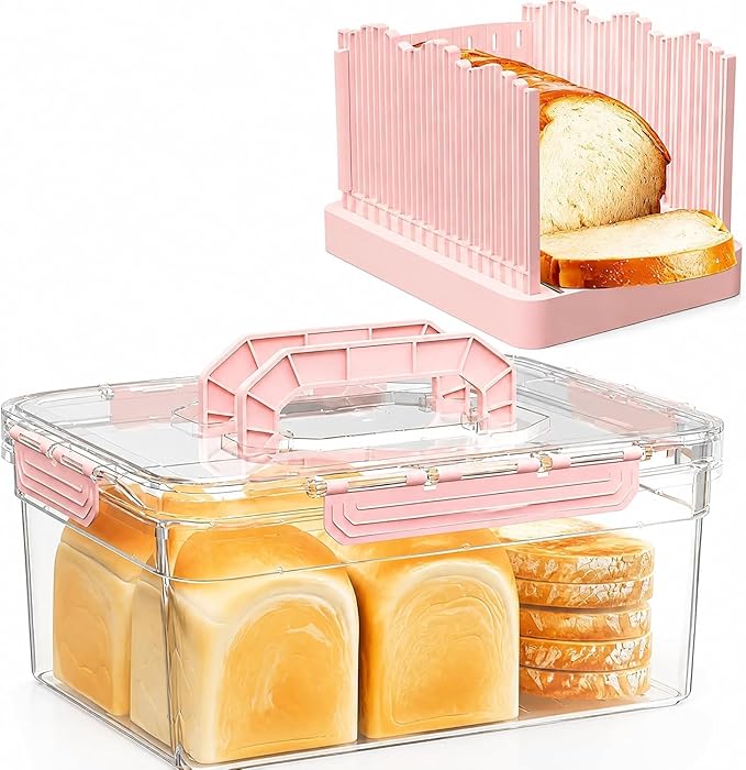 Bread Box with Slicer, Portable Airtight Bread Storage Container with Lid Handle for Kitchen Counter, Bread Keeper for Homemade Bread,Toast, Bagel, Cookies, Pink