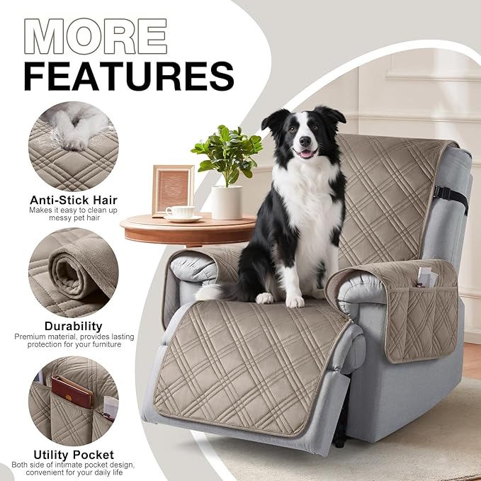 TAOCOCO 100% Waterproof Recliner Chair Cover, Recliner Covers for Recliner Chair with Pocket, Non Slip Reclining Chair Cover Furniture Protector for Kids, Pets(30'', Light Taupe-Velvet)