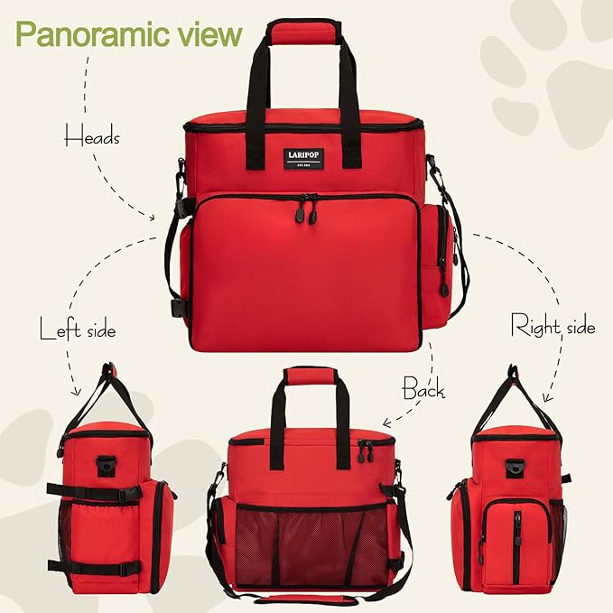 LARIPOP Dog Travel Bag, Pet Travel Bag (All Pet Travel Supplies), Include 2 Collapsible Bowls, 2 Dog Food Storage Containers and 1 Feeding Mat, Essential Kits for Pet Travel Red