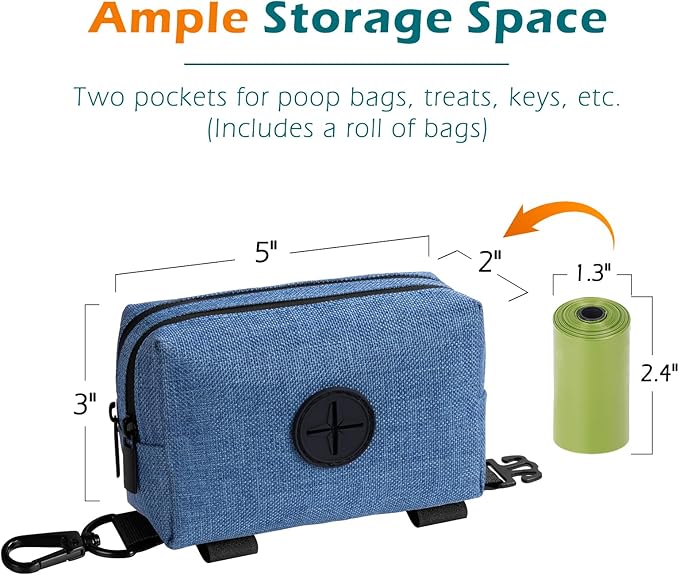 PetBonus Dog Poop Bag Holder, Portable Pet Waste Bag Dispenser, 2 Pouches for Treats and Walking Accessories, Fit All Leashes, Includes 1 Roll of Dog Poop Bags (Blue)