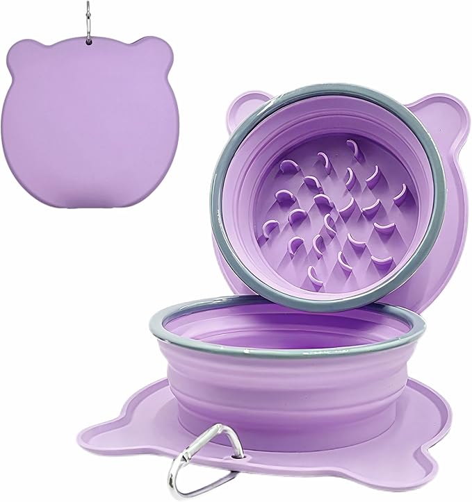 Collapsible Dog Bowls, 2-in-1 Silicone Pet Food and Water Bowl with Carabiner - Portable Double Compartment Travel Dish for Dogs, Ideal for Camping, Hiking, Car Rides, Puppy Essentials (Purple)
