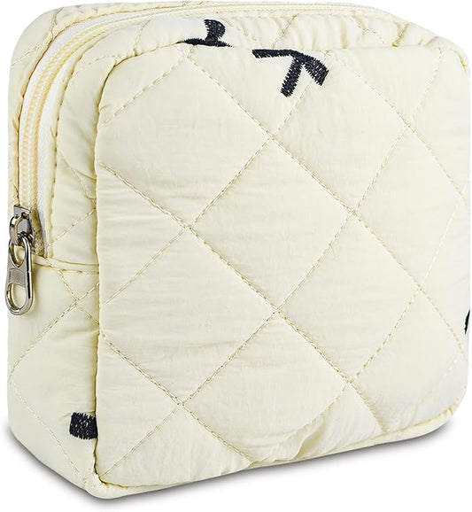 Small Floral Quilted Makeup Bag, Coquette Aesthetic Travel Toiletry Organizer for Women, Lightweight Cotton Cosmetic Pouch