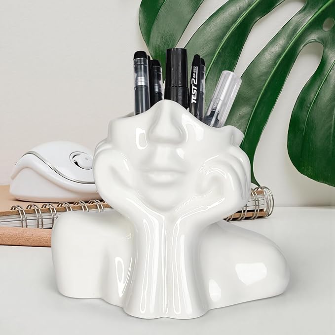 Ceramic Face Pen Holder Organizer, Female Form Face Pen Tools Storage Cup for Desk Accessories, Compact Pencil Holder for Desktop, Living Room, School, Home and Office Decor