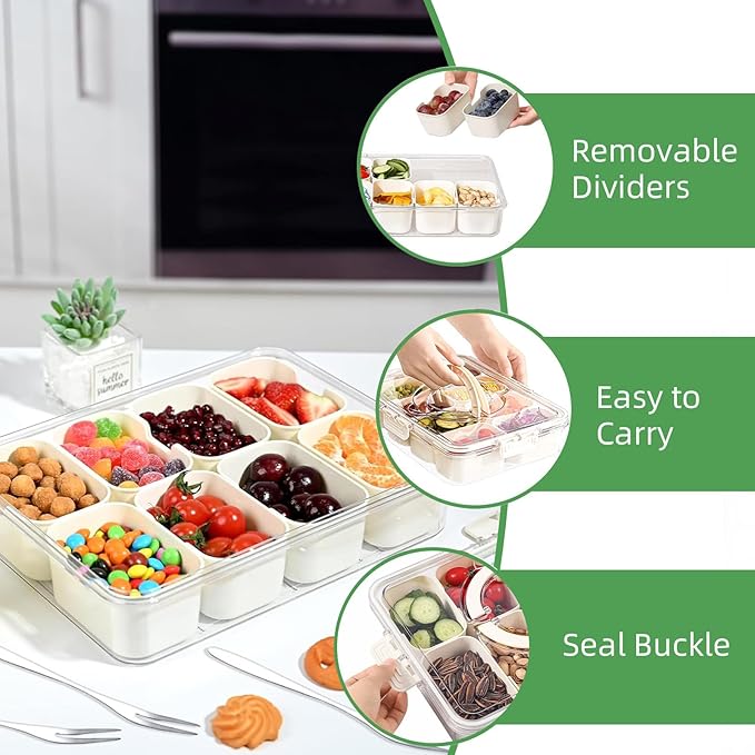Divided Serving Tray with Lid and Handle,Portable Snackle Box Charcuterie Container,for Portable Snack Platters - Clear Organizer for Candy, Fruits, Nuts, Snacks - Perfect for Party, Entertaining