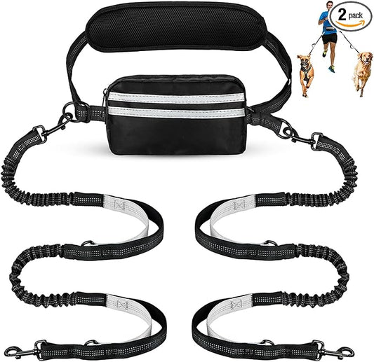 Hands Free Dog Leash with Pouch, Double Leash for Two Dogs, Retractable Bungee with Double Padded Handles, Dog Waist for Dog Walking,Dog Walking Accessories,Black Grey