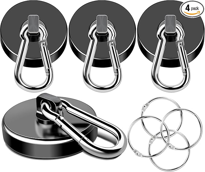 MIKEDE Strong Magnetic Hooks Heavy Duty, 200LBS+ Black Swivel Neodymium Magnets with Carabiner Hook, Hooks for Hanging, Curtain - 4 Pack