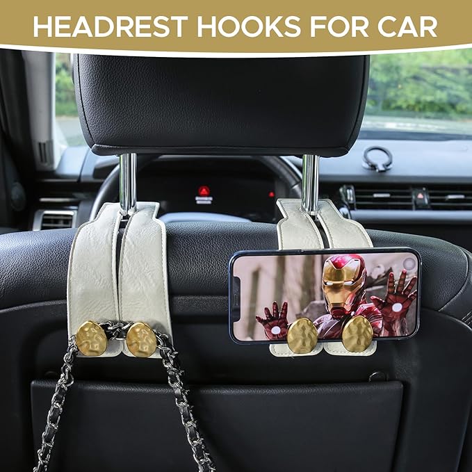 2PCS Leather Car Seat Hooks for Headrest, Vehicle Hanger Storage Organizer Universal for Handbag Purse, Car Accessories Gift (White-Gold)