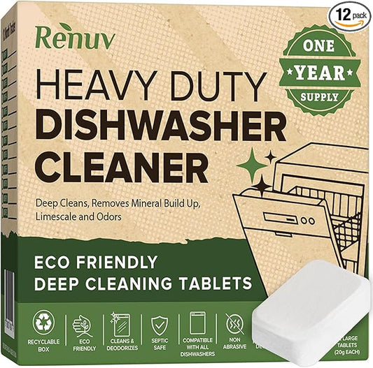 Heavy Duty Dishwasher Cleaner and Deodorizer Tablets, Descaler, Deep Cleaning, Natural Odor and Smell Remover, Calcium, Limescale, Hard Water Marks, Grease, Septic Safe Pods (12 Tabs - 1 Yr Supply)