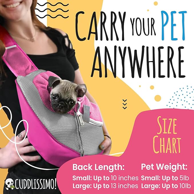 Cuddlissimo! Pet Sling Carrier - Carefully Sized for Teacup & Toy Breed Puppies & Cats (Under 6lb) - Soft Pouch for Small Dogs, Yorkies, Chihuahuas - Ideal for Hands-Free Travel & Walks (Pink)