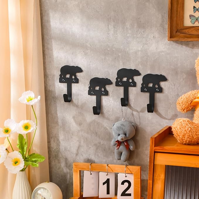 4 pcs Metal Bear Hooks Wall Mount Iron Black Decorative Wall Mounted Coat Hooks Cute Animal Key Hanger Decor for Dog Leashes, Towels, Hats