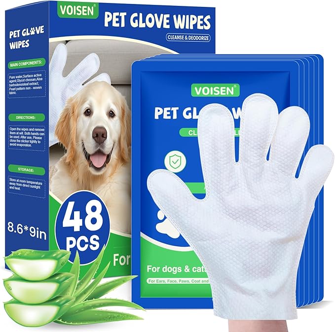 VOISEN 48 Pcs Pet Glove Wipes for Dogs and Cats, Cleaning & Deodorizing Bathing Grooming Wipes,Unscented Thick Nourish Fur Glove Wipes for Pet Dry Cleaning,Daily Care and Travel