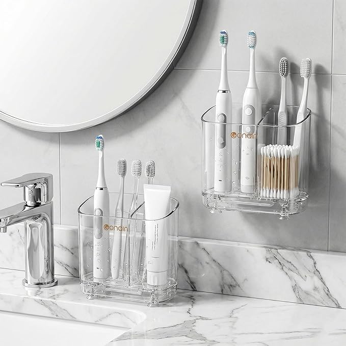 Acrylic Electric Toothbrush Holder with Detachable Base, 2 Slots Wall-Mounted Bathroom Storage Caddy, Clear Makeup Brush Organizer with Removable Divider for Toothpaste, Razors, Kitchen & Office Desk