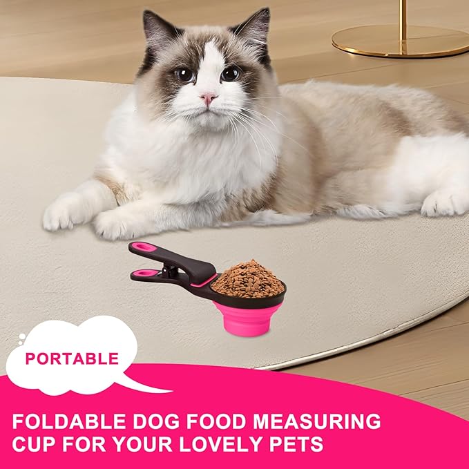 PNEUICALLY Collapsible Silicone Dog Food Scoop Foldable Pet Food Measuring Cup with Bag Clip 3 in 1 Multi-Function Silicone Dog Food Scooper (Rose Red, Small)
