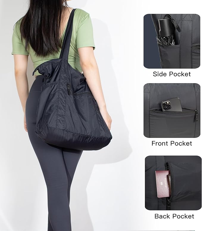 Foldable Lightweight Tote Bag Nylon for Travel Duffel,Polyester Packable Totes with Zipper, 23-28L Collapsible Compact Large for Women and Men,Black